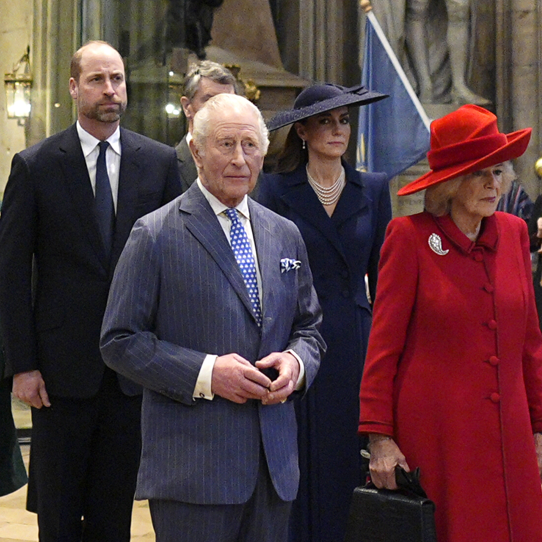 King Charles, Queen Camilla, Princess Anne, Prince William and Princess Kate standing in a line at the Commonwealth ceremony