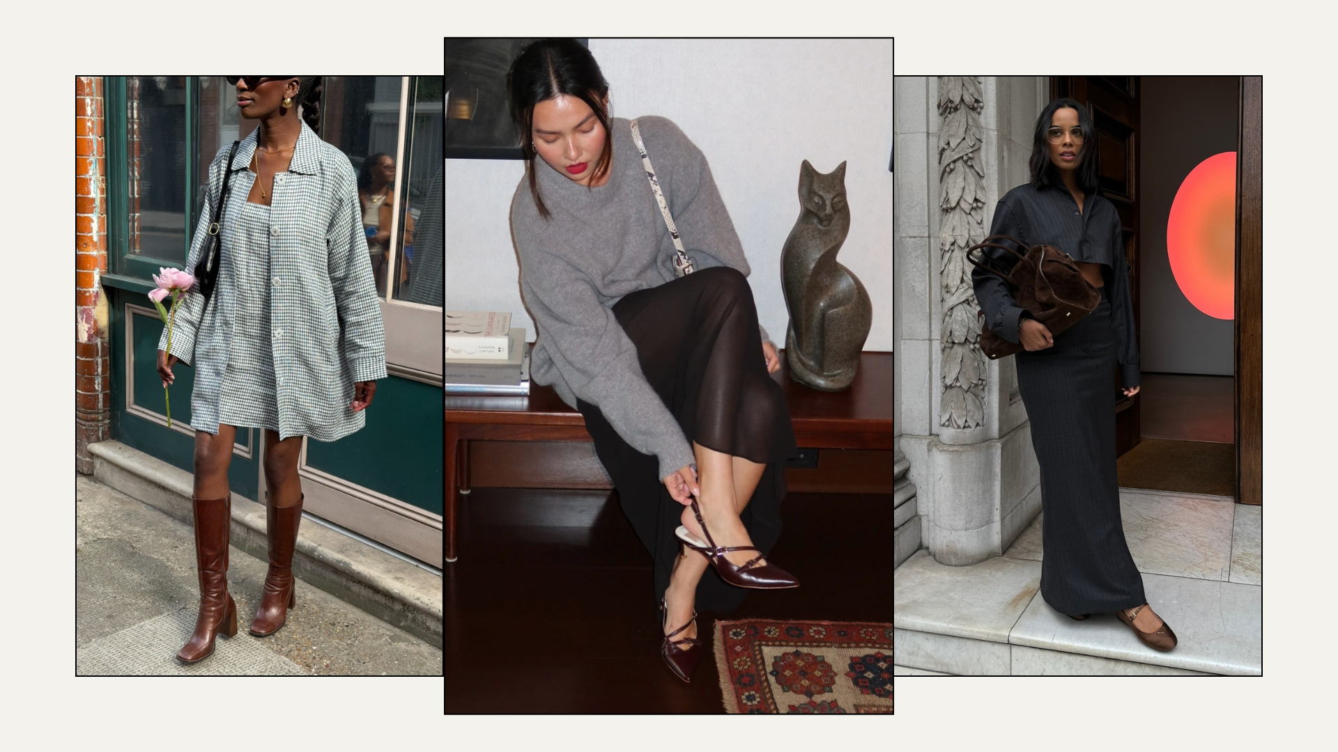 Three fashion people wearing brown shoe outfits.