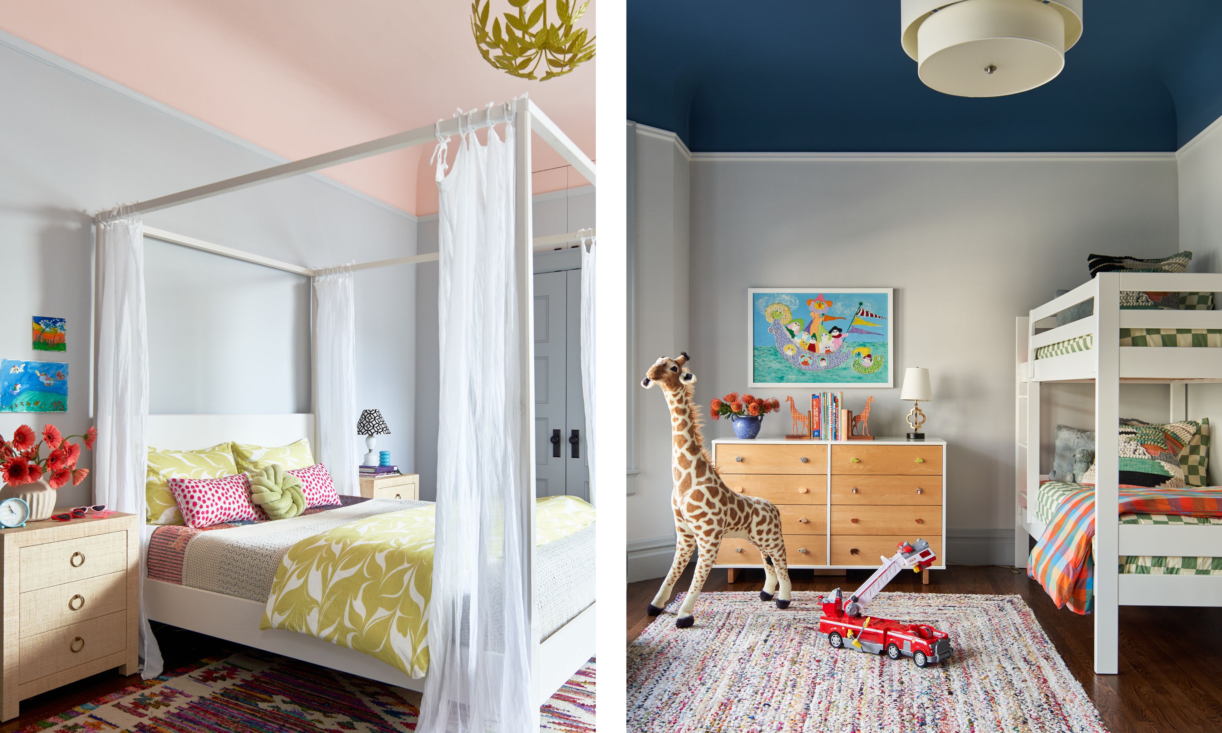 side by side images of two childrens bedrooms in a San Francisco home with accent ceilings