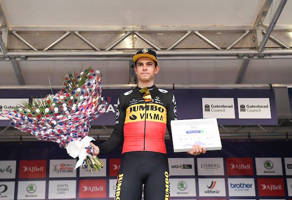 Picture by SWpix.com - 10/09/2021 - Cycling - AJ Bell Tour of Britain Stage 6 - Carlisle to Gateshead, England - Podium - Jumbo Visma's Wout van Aert wins stage 6 of the Tour of Britain.