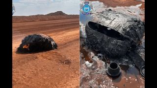 Two images side by side showing smoky metal parts that have landed in soft dirt