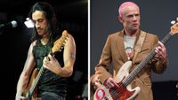 Left–Nuno Bettencourt performs at Lucky Strike Live on January 11, 2017 in Hollywood, California; Right–Flea performs during Pathway to Paris at Le Trianon on December 4, 2015 in Paris, France