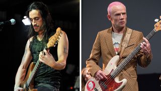 Left–Nuno Bettencourt performs at Lucky Strike Live on January 11, 2017 in Hollywood, California; Right–Flea performs during Pathway to Paris at Le Trianon on December 4, 2015 in Paris, France