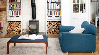 Living room with wood burner and built in shelving