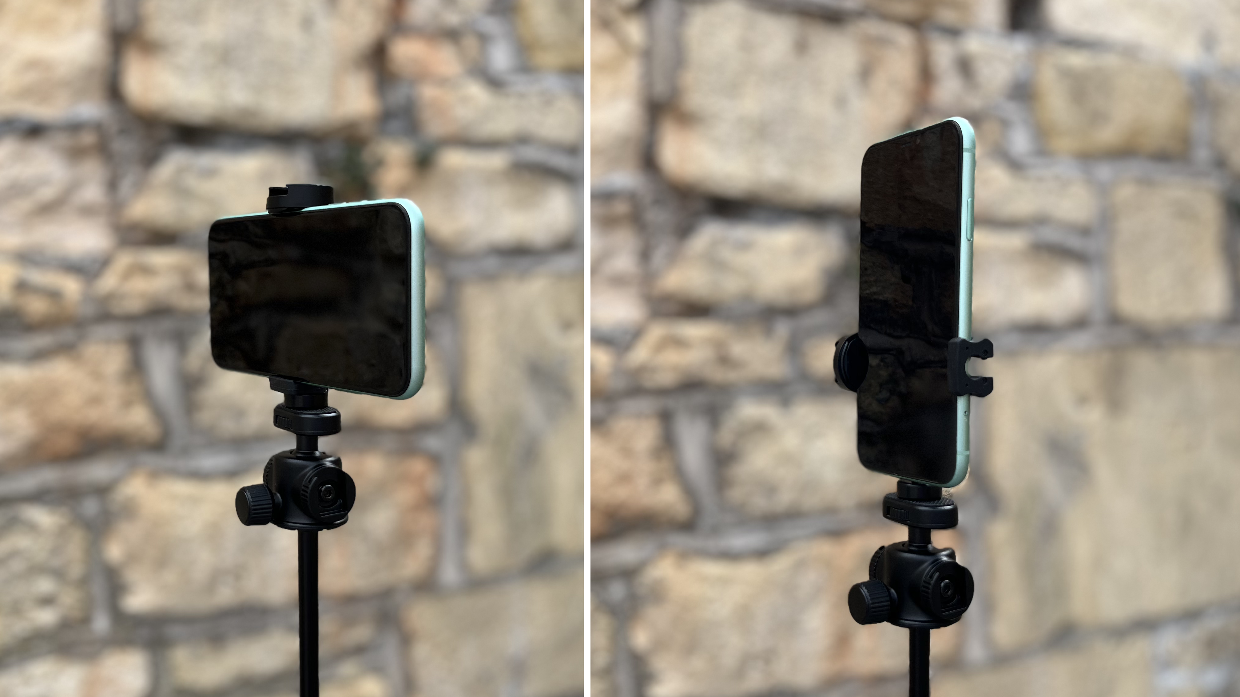 KraftGeek Variety Tripod phone cradle showing horizontal and vertical orientations