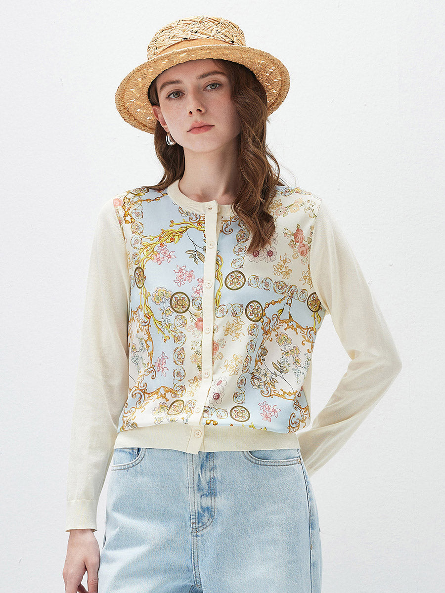 Women's Printed Panel Knit Cardigan - S / Light Blue