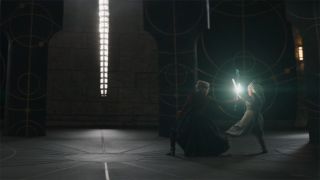 Still from the Star Wars T.V. series Ahsoka (season 1, episode 8). Morgan and Ahsoka fight one last time.