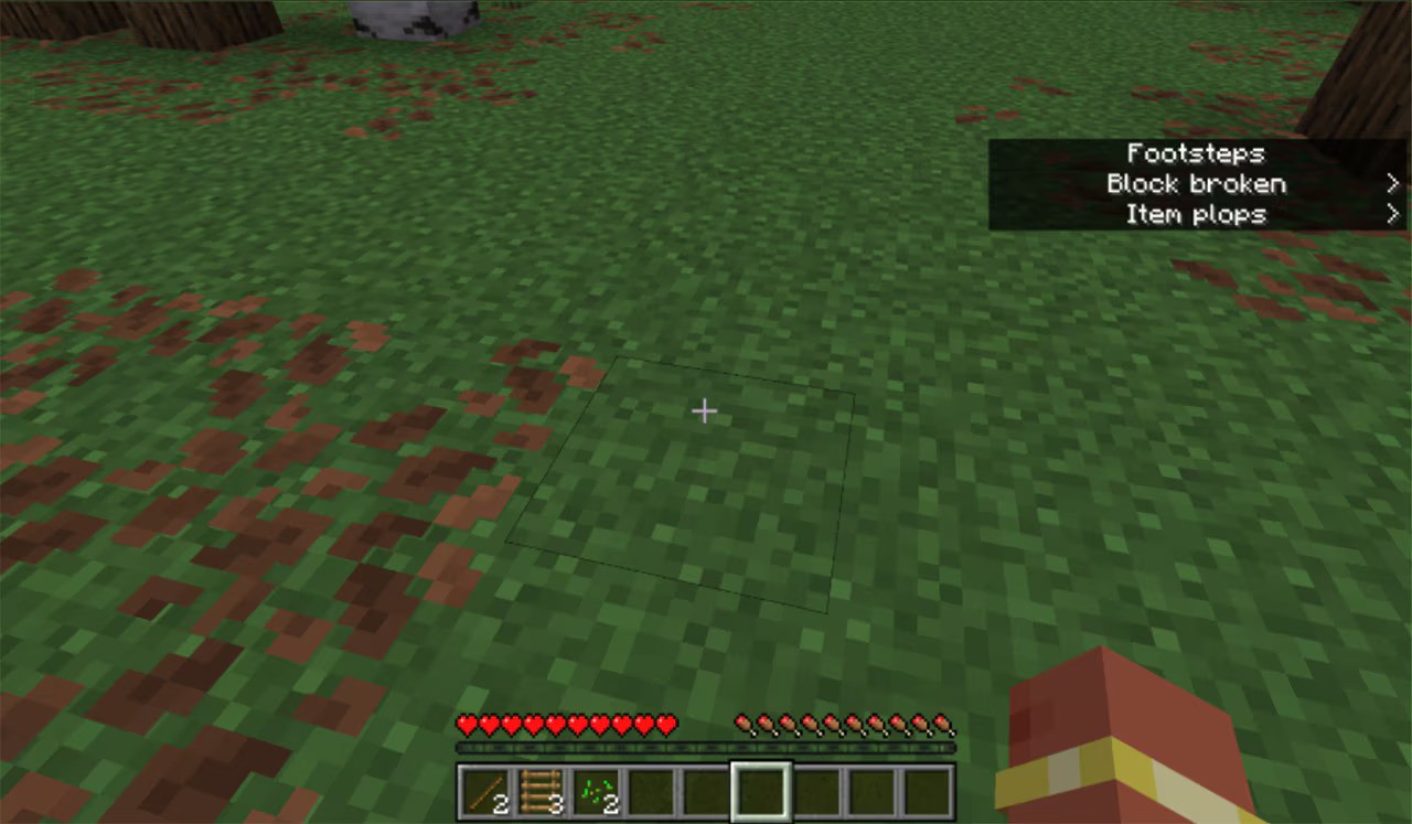 Minecraft Bedrock gameplay showing the new closed captions feature, with on-screen sound indicators for footsteps, block breaking, and dropped items.