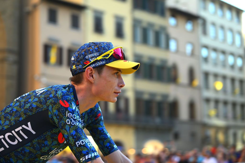 FIRENZE ITALY JUNE 27 Jonas Vingegaard Hansen of Denmark and Team Visma Lease a Bike during the 111th Tour de France 2024 Team Presentation UCIWT on June 27 2024 in Firenze Italy Photo by Dario BelingheriGetty Images