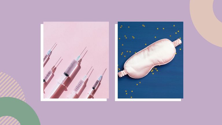 Botox injections and sleep mask on pink background template