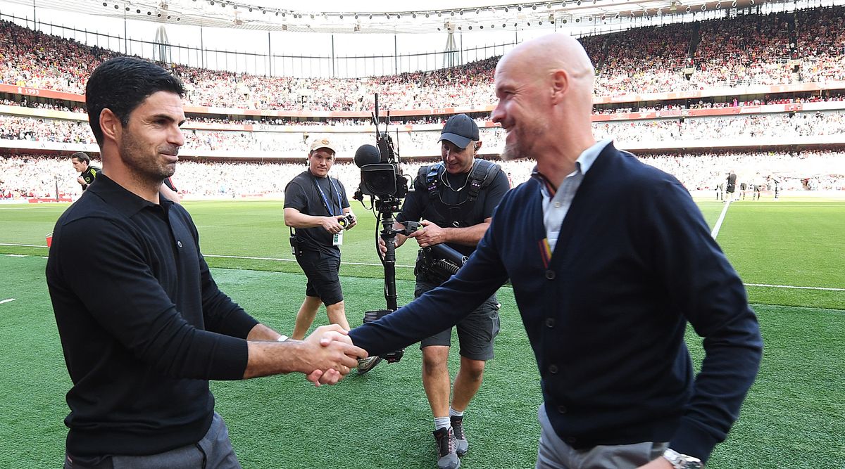 LONDON, ENGLAND - SEPTEMBER 03: Mikel Arteta, Manager of Arsenal, shakes hands with Erik ten Hag, Manager of Manchester United, prior to the Premier League match between Arsenal FC and Manchester United at Emirates Stadium on September 03, 2023 in London, England. (Photo by David Price/Arsenal FC via Getty Images)