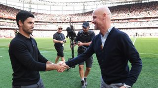 Arsenal and Manchester United: Mikel Arteta, Manager of Arsenal, shakes hands with Erik ten Hag, Manager of Manchester United, prior to the Premier League match between Arsenal FC and Manchester United at Emirates Stadium on September 03, 2023 in London, England. (Photo by David Price/Arsenal FC via Getty Images)