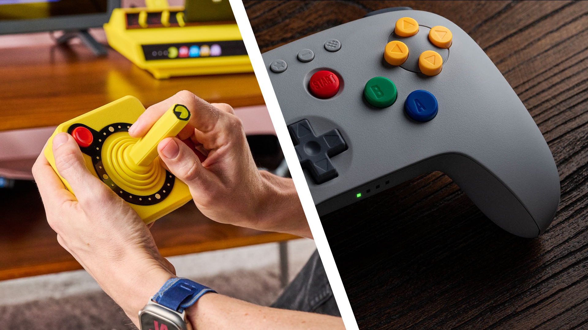 A two part image, featuring the Atari 2600+ Pac-Man Edition and the 8BitDo 64 Controller from left to right.