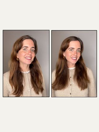 Emily before and after using Aveda paddle brush