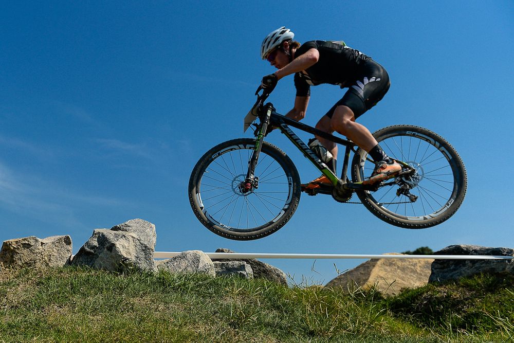 An athlete competes in the International Mountain Bike Challenge at the Deodoro Sports Complex