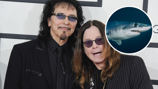 Ozzy Osbourne and Tony Iommi next to a photo of a shark