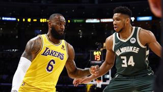 (L, R) LeBron James and Giannis Antetokounmpo will lead their respective teams in the 2023 NBA All Star Game live stream