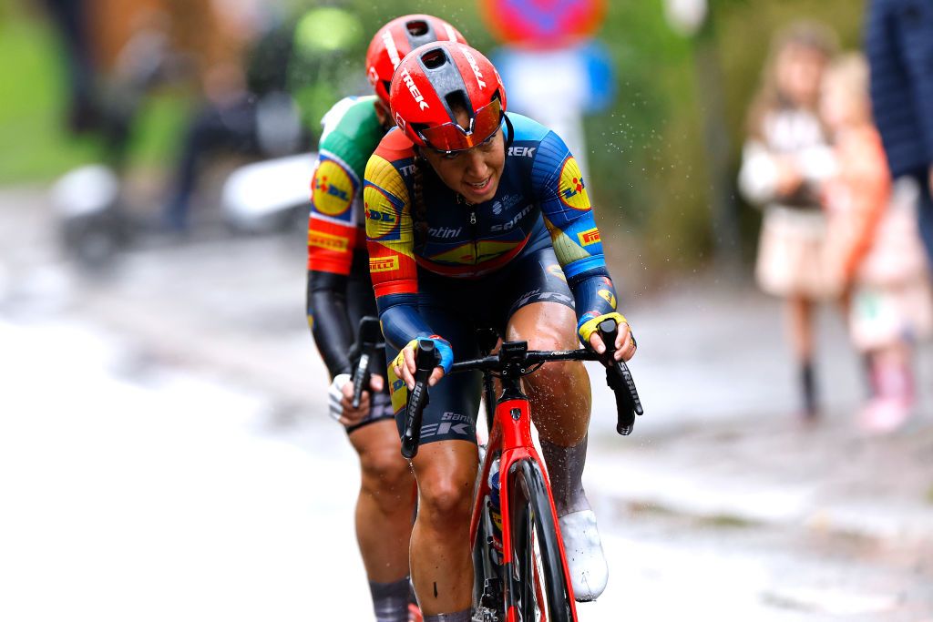 OUDENAARDE BELGIUM MARCH 31 Shirin Van Anrooij of The Netherlands and Team Lidl Trek competes in the breakaway during the 21st Ronde van Vlaanderen Tour des Flandres 2024 Womens Elite a 163km one day race from Oudenaarde to Oudenaarde UCIWWT on March 31 2024 in Oudenaarde Belgium Photo by Rafa Gomez PoolGetty Images