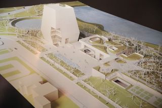 CHICAGO, IL - MAY 03:A rendering of the proposed Obama Presidential Center, which is scheduled to be built in nearby Jackson Park, is displayed at the South Shore Cultural Center during a rou