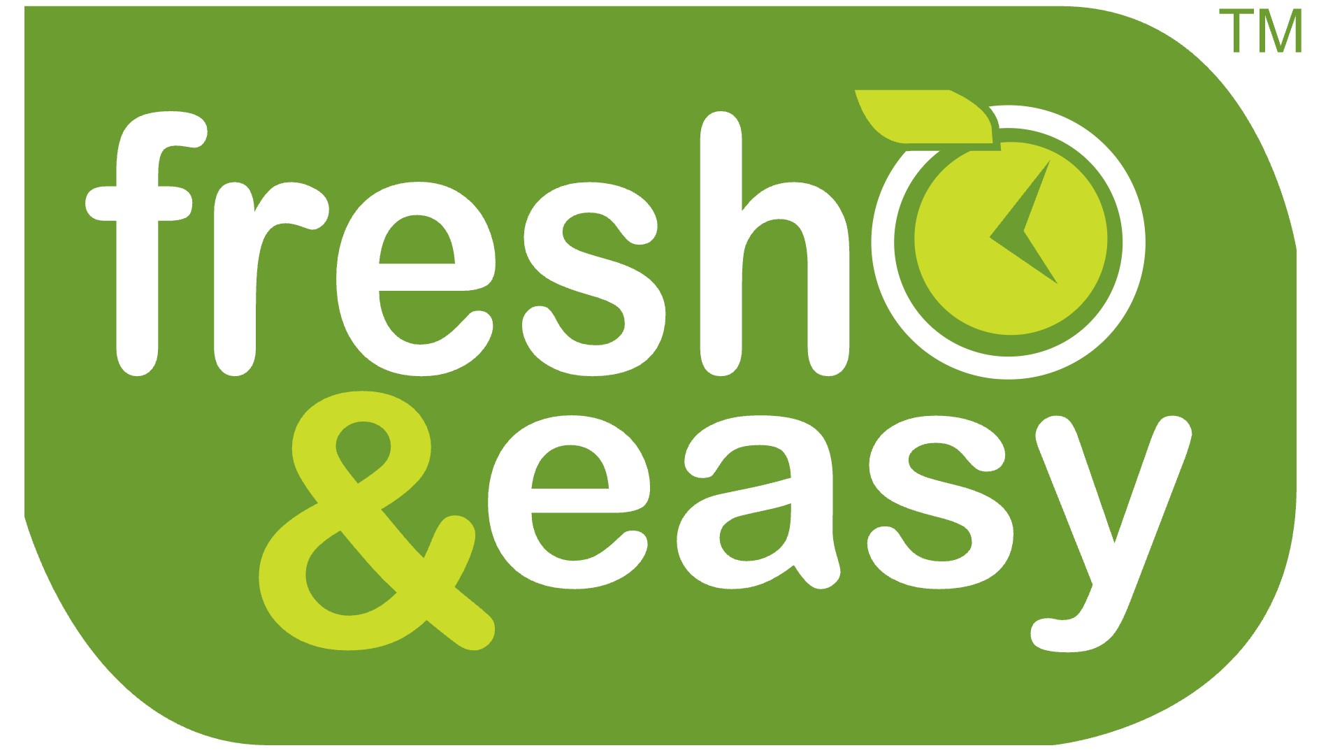 The green and white logo for the grocery chain "fresh & easy," featuring a clock icon within the 'e' of "fresh."