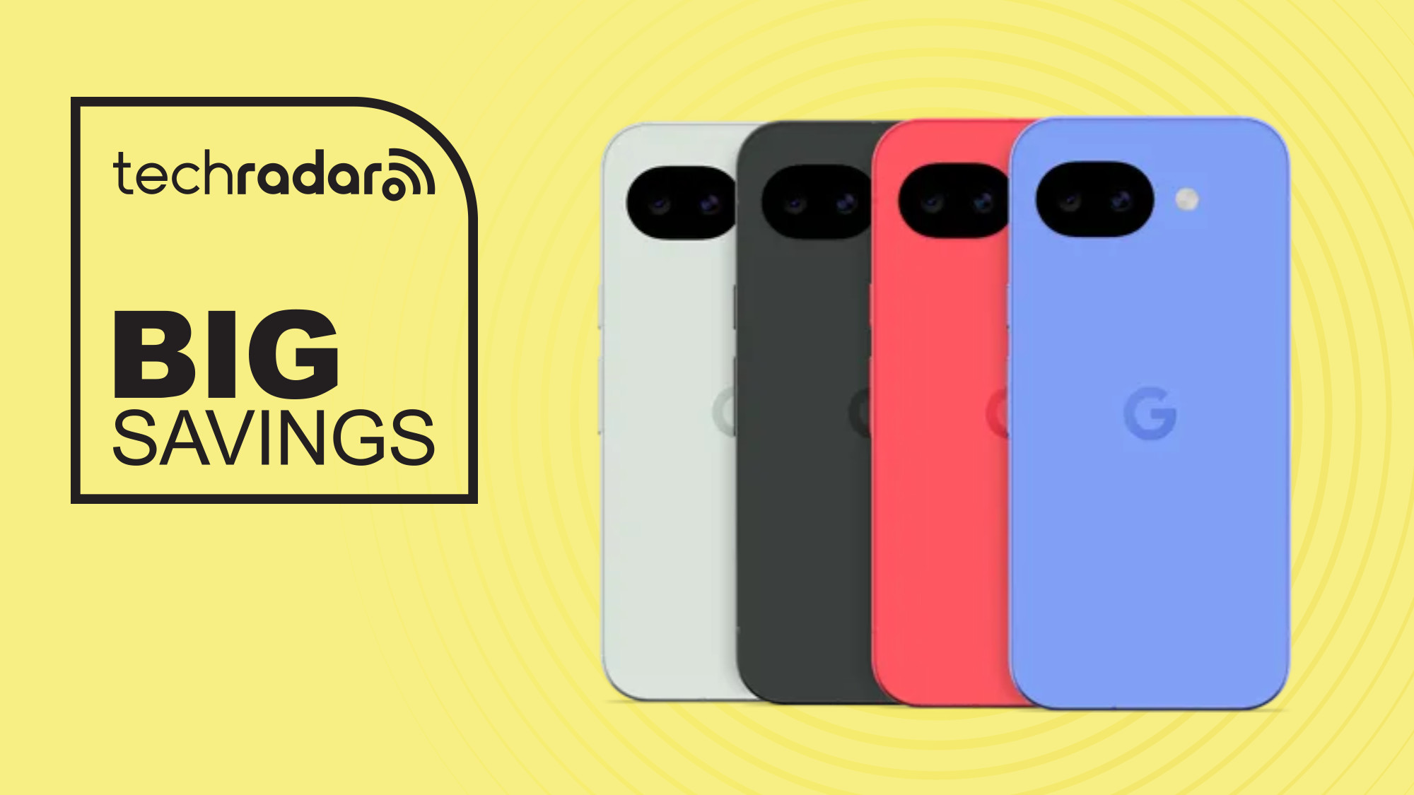 Google Pixel 10a in multiple colors on yellow background with big savings text overlay