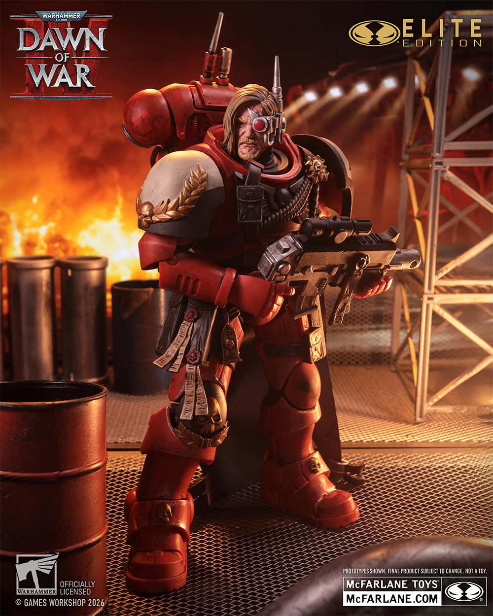 A McFarlane Toys Space Marine action figure on an industrial backdrop