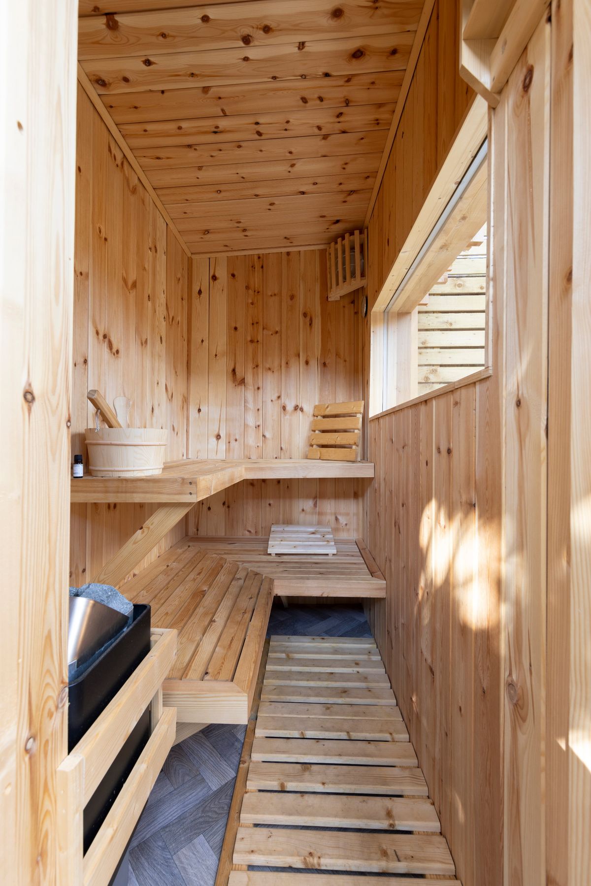 A home sauna with timber cladding