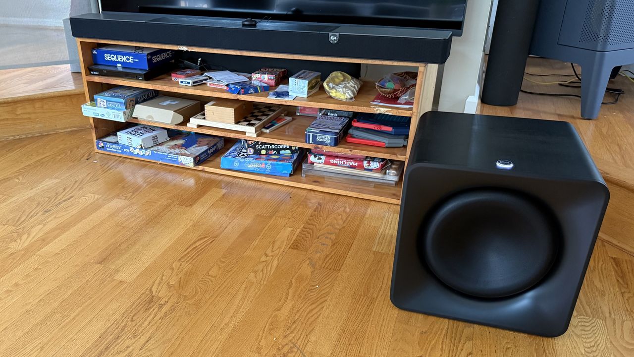 Klipsch Flexus Core 300 on stand with subwoofer on floor