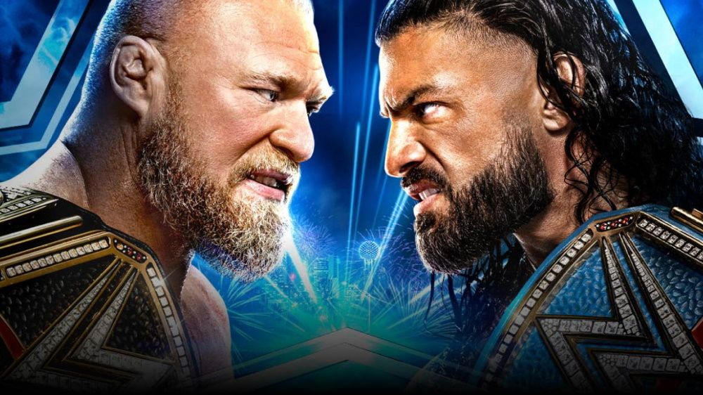 Poster for Wrestlemania 38 showing Brock Lesnar and Roman Reigns