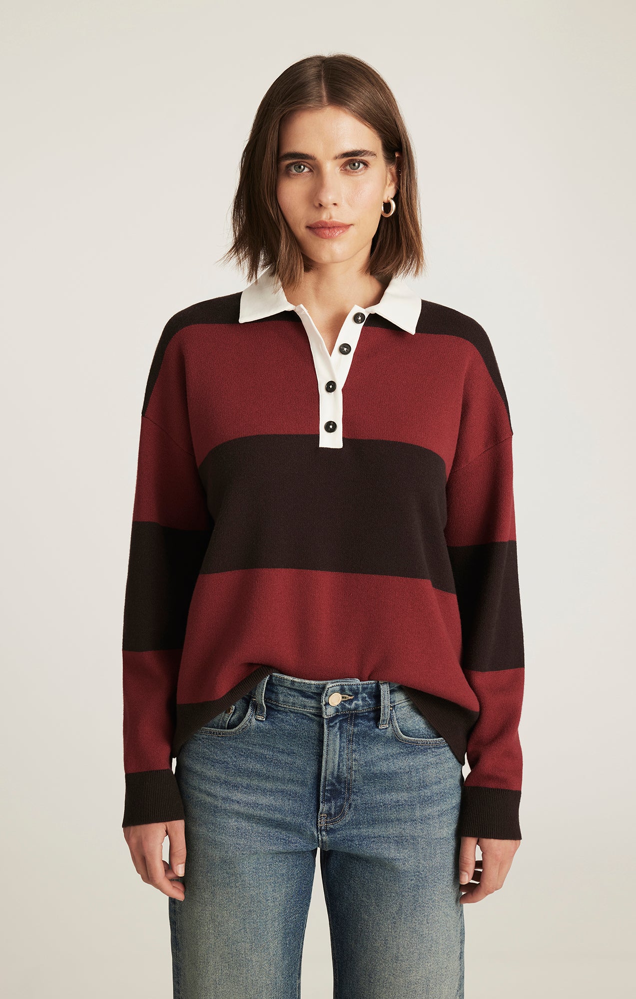 Rugby Polo Sweater in Merlot Stripe - Xxl