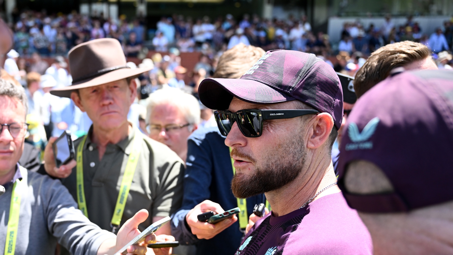 England coach Brendon McCullum being interviewed by the British media after a defeat in the 2025-26 Ashes 2025/26