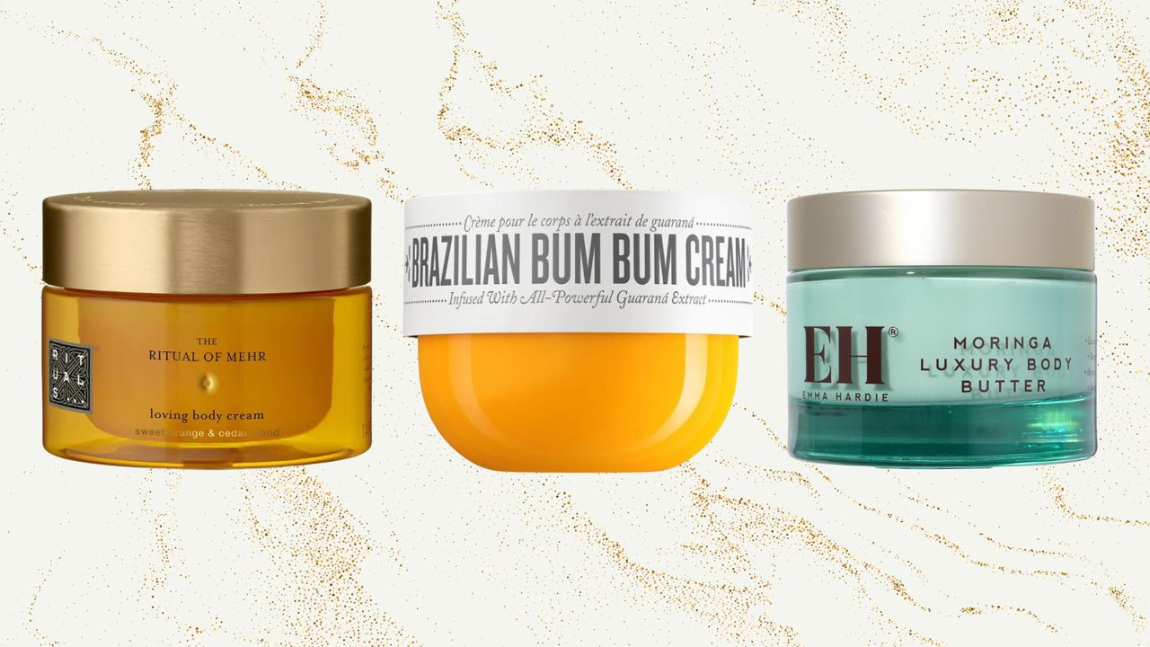 Collage of three of the best smelling body lotions featured in this guide from (left to right) Rituals, Sol de Janeiro and Emma Hardie, set against a cream and gold marble background 