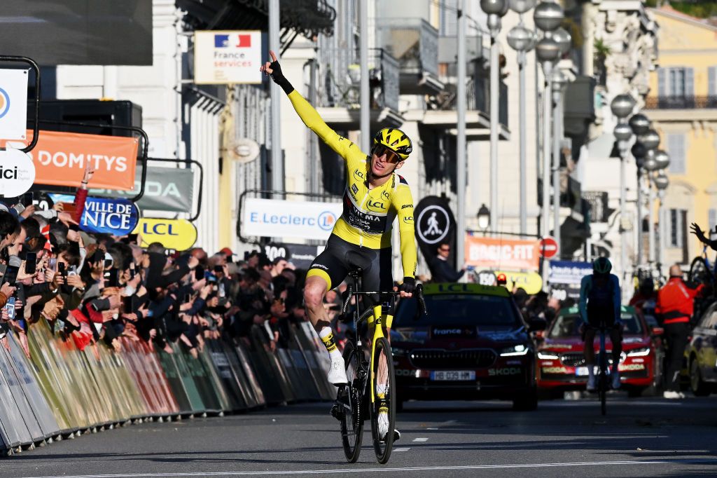 NICE FRANCE MARCH 16 Matteo Jorgenson of The United States and Team Visma Lease A Bike Yellow leader jersey crosses the finish line as final overall winner during the 83rd Paris Nice 2025 Stage 8 a 119km stage from Nice to Nice UCIWT on March 16 2025 in Nice France Photo by Dario BelingheriGetty Images
