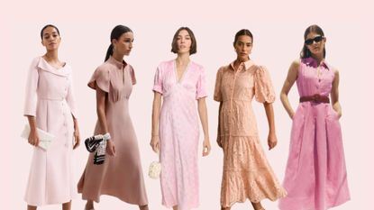 five models in pink dresses 