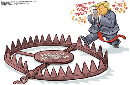 Political cartoon U.S. Trump Twitter tweet trap Robert Mueller probe Russia
