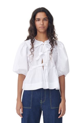 COTTON POPLIN PEPLUM TIE BLOUSE