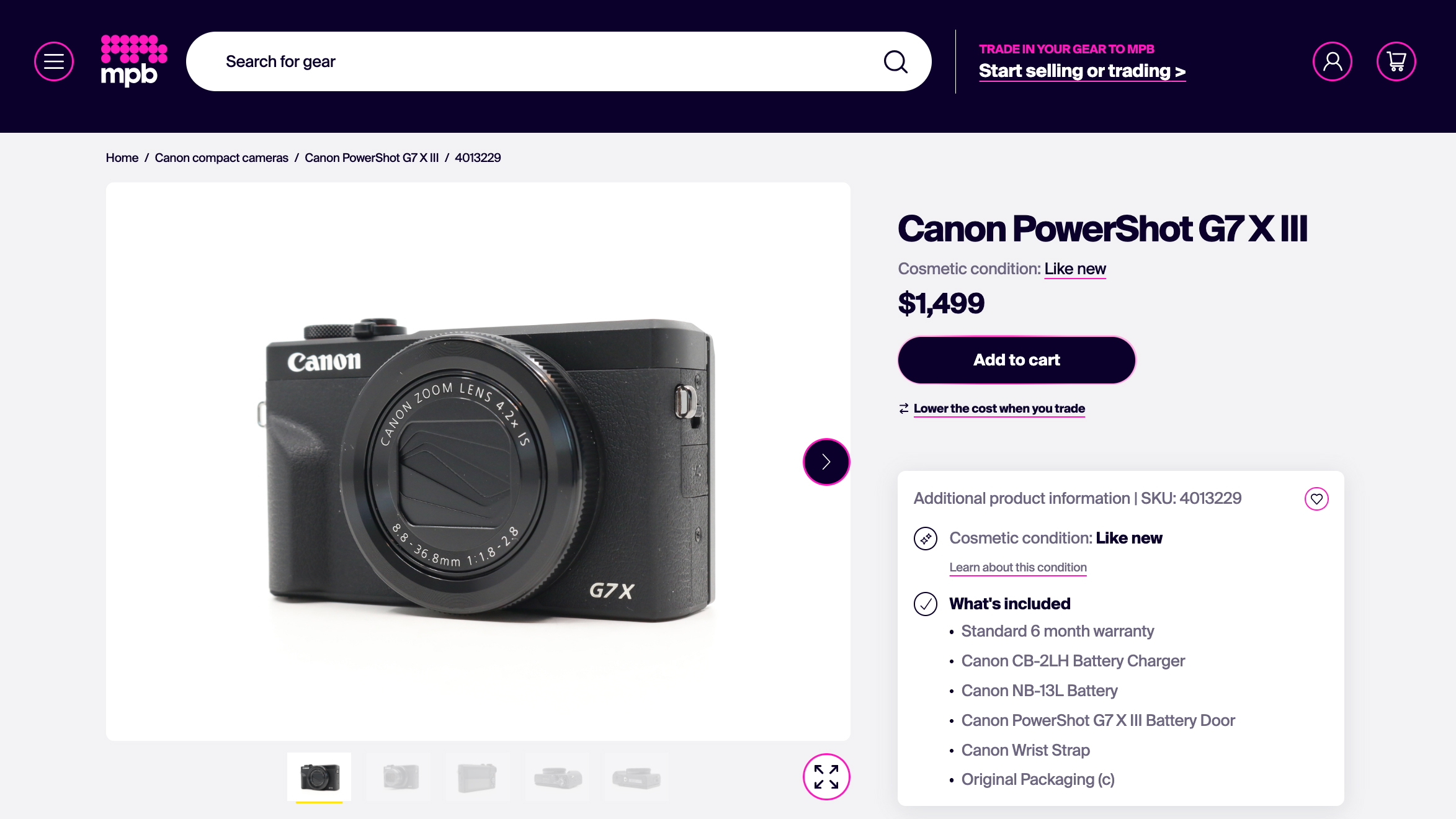 Black Canon PowerShot G7 X III compact camera displayed on a white background with product details and price on a website