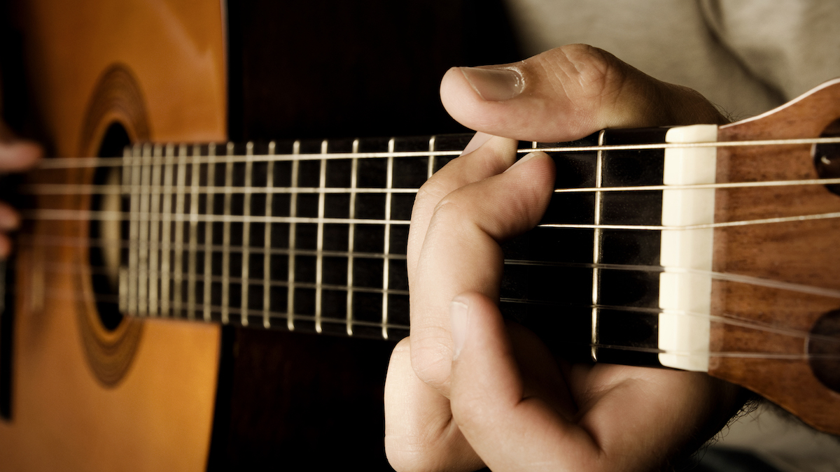 Close up of hand playing a g chord on acoustic guitar