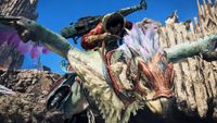 A hunter riding atop a flying seikret in Monster Hunter Wilds: Ascendance.