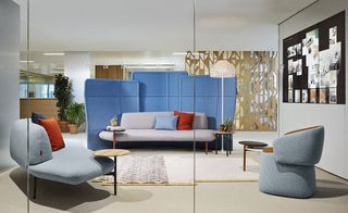 The collection features sofas, pouf seating, tables and space-dividing screens