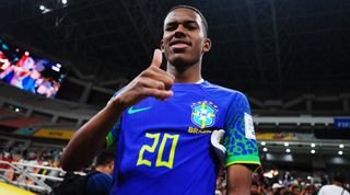 JAKARTA, INDONESIA - NOVEMBER 17: Chelsea target Estevao of Brazil celebrates victory after the Group C match between England and Brazil during the FIFA U-17 World Cup at Jakarta International Stadium on November 17, 2023 in Jakarta, Indonesia. (Photo by Alex Caparros - FIFA/FIFA via Getty Images)