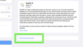 Under iPadOS 15 "Download and Install" is highlighted