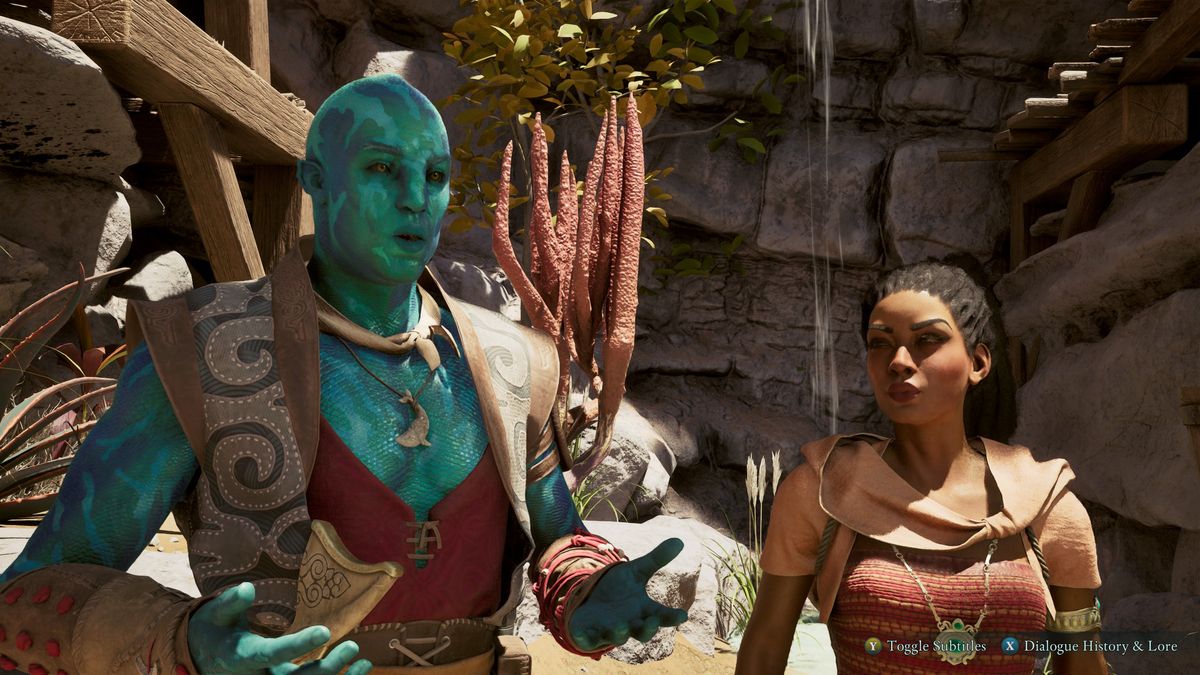 Avowed - Kai stands in Shatterscarp gesturing as he speaks next to Giatta.
