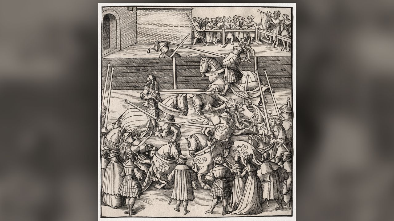 This 16th century German woodcut shows how jousters faced off on horseback, separated by a wooden fence in an arena called a tiltyard.