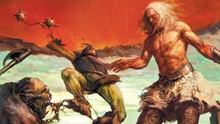 Bare chested barbarian contending with two attacking goblins with orange sky and snowfield in background