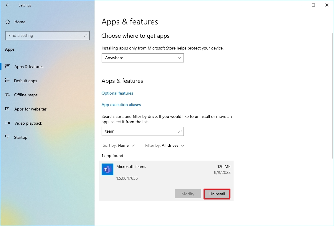 Uninstall Microsoft Teams on Windows 10