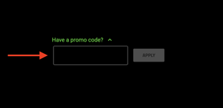 A red arrow pointing to a black box for entering a promo code and a button to apply it