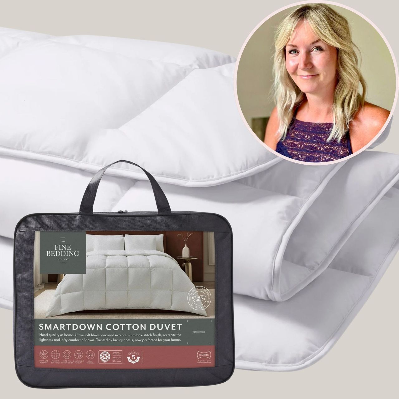 The Fine Bedding Company Smartdown Cotton Duvet with a portrait of tester Casey Kelleher