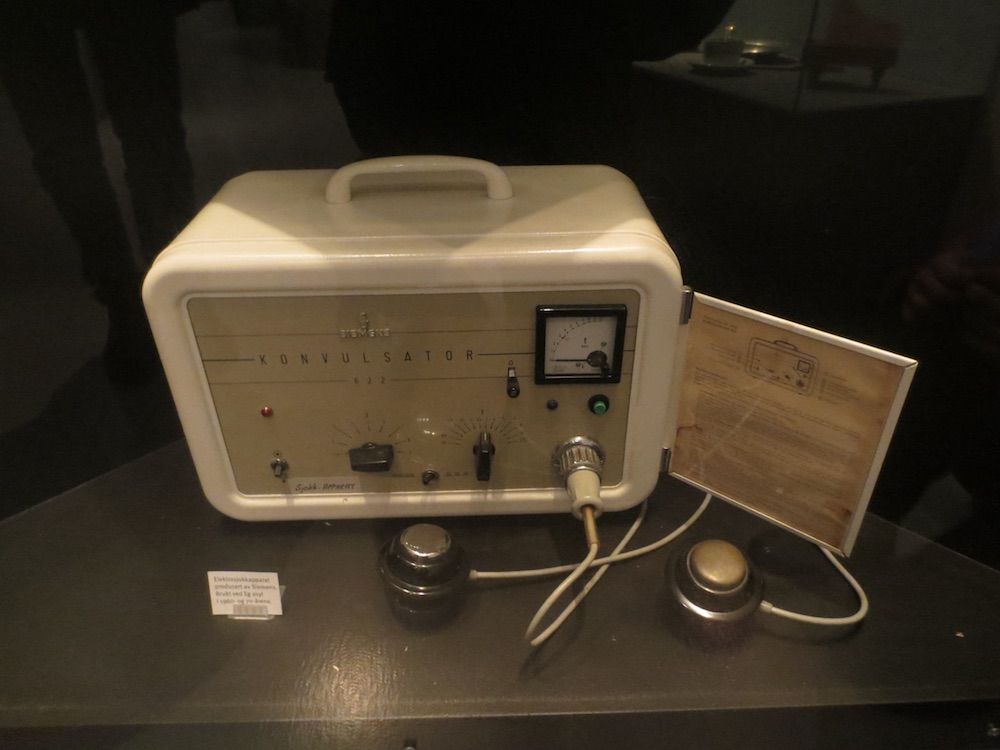 This electroconvulsive therapy machine was used at a mental hospital in Norway in the 1970s and 1980s. Shown here, at an exhibit at the Technical Museum of Norway, Oslo.