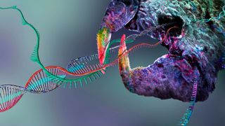 illustration shows the gene-editing tool CRISPR depicted as a large claw-shaped protein complex. CRISPR is snipping into a long DNA molecule